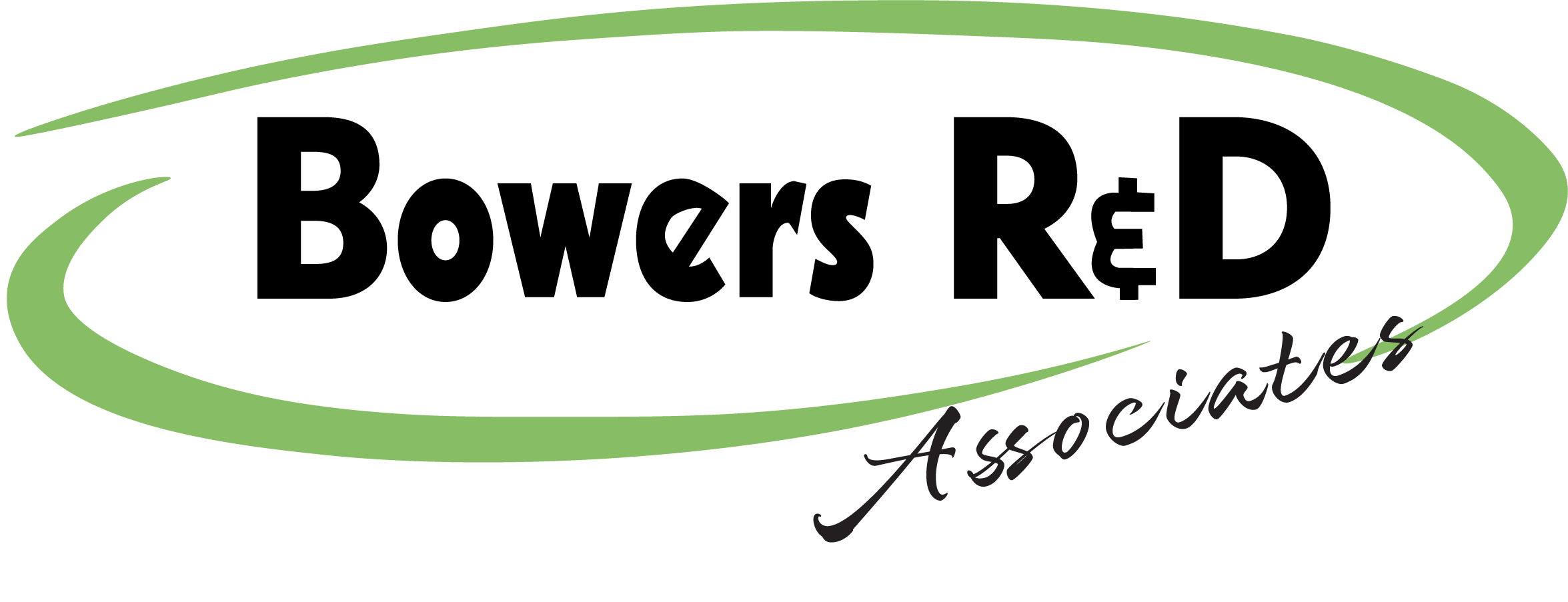 The name of the company Bowers R&D Associates is encircled by two green swishes